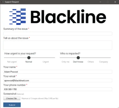 Agent Browser ticket submission form with fields for issue summary, urgency, and contact information