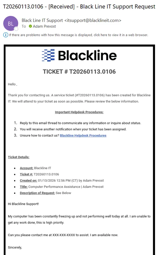 Example of a ticket received email notification from Blackline IT Support