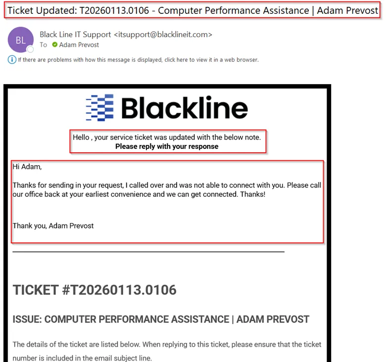 Example of a ticket updated email notification showing engineer response